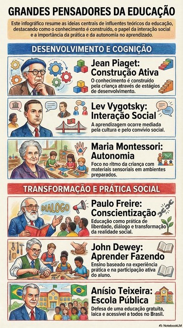 Infogr&aacute;fico destancando os principais pensadores da educa&ccedil;&atilde;o e suas teorias