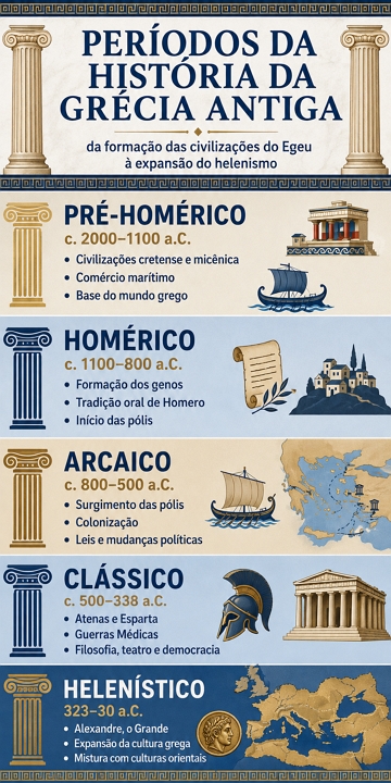 Infográfico com resumo de todos os períodos históricos da Grécia Antiga Infográfico com resumo de todos os períodos históricos da Grécia Antiga