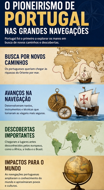 Infogr&aacute;fico sobre o pioneirismo portugu&ecirc;s nas Grandes Navega&ccedil;&otilde;es e descobrimentos mar&iacute;timos.