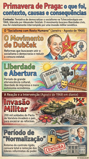 Primavera de Praga Infográfico com resumo sobre a Primavera de Praga destacando o que foi, causas e consequências.