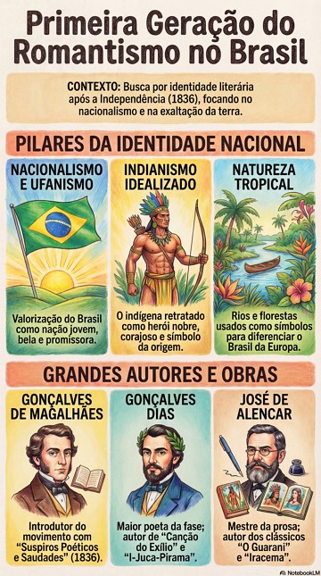 Infográfico com as características e principais autores da Primeira Geração do Romantismo no Brasil Infográfico com as características e principais autores da Primeira Geração do Romantismo no Brasil