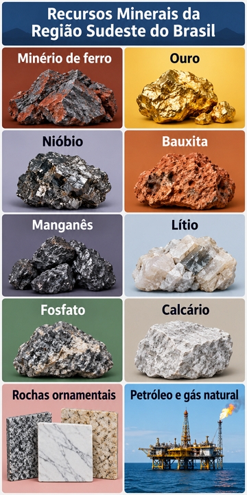 Infográfico mostrando os 10 principais recursos minerais da região Sudeste do Brasil Infográfico mostrando os 10 principais recursos minerais da região Sudeste do Brasil