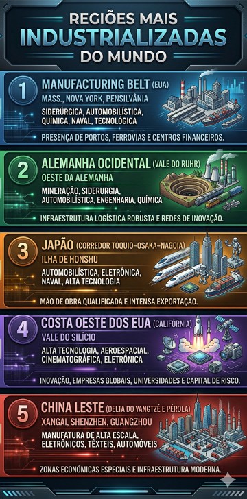Regiões mais industrializadas do mundo Infográfico mostrando as 5 regiões mais industrializadas do mundo
