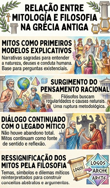 Relação entre mitologia e filosofia na Grécia Antiga Infográfico sobre relação entre mitologia e filosofia na Grécia Antiga