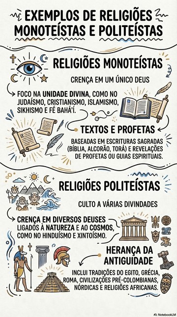 Exemplos de religiões politeístas e monoteístas Infográfico resumido com exemplos de religiões politeístas e monoteístas