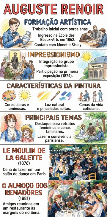 Vida e obra de Auguste Renoir Infográfico didático sobre a vida e obra de Auguste Renoir