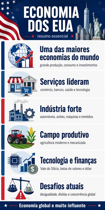 Infogr&aacute;fico com as principais caracter&iacute;sticas da economia dos EUA