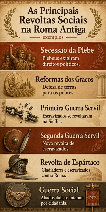 Infogr&aacute;fico com exemplos de revoltas sociais ocorridas na Roma Antiga