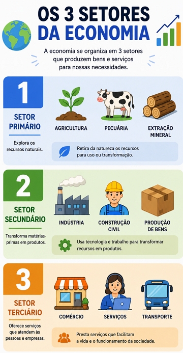 Infográfico didático sobre os 3 setores da Economia Infográfico didático sobre os 3 setores da Economia