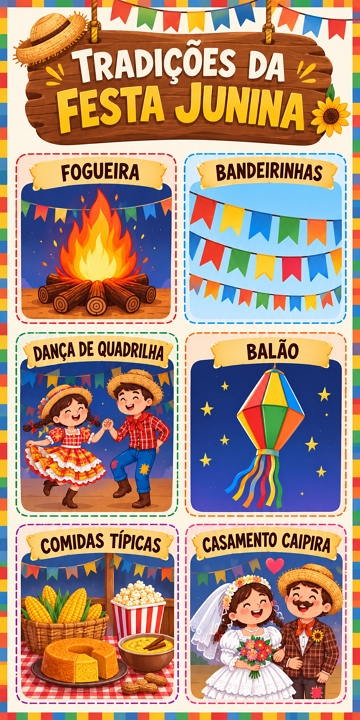 Infogr&aacute;fico mostrando alguns s&iacute;mbolos relacionados &agrave; festa junina
