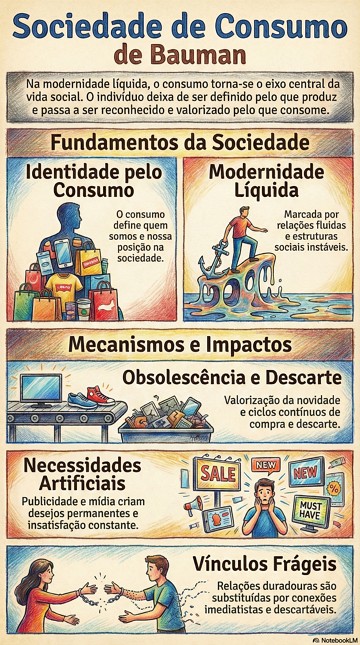 Infográfico com resumo sobre as características das sociedade de consumo de acordo com Bauman Infográfico com resumo sobre as características das sociedade de consumo de acordo com Bauman