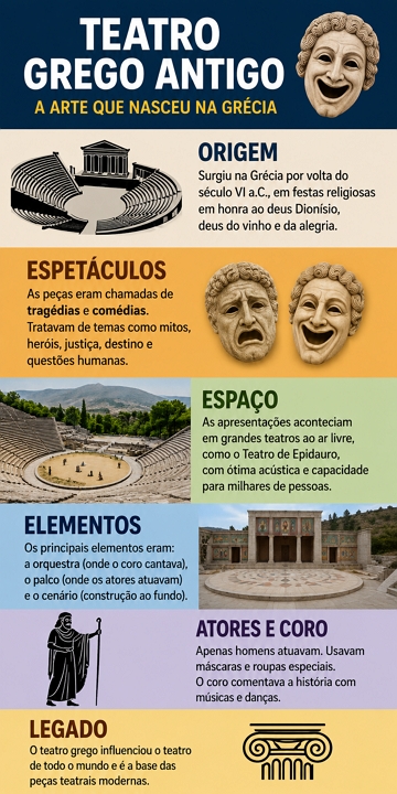 Infográfico didático sobre o teatro grego antigo Infográfico didático sobre o teatro grego antigo