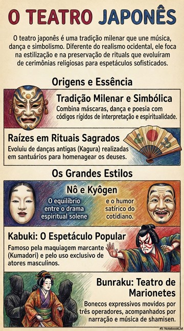 Teatro japonês Infográfico sobre os estilos do teatro japonês