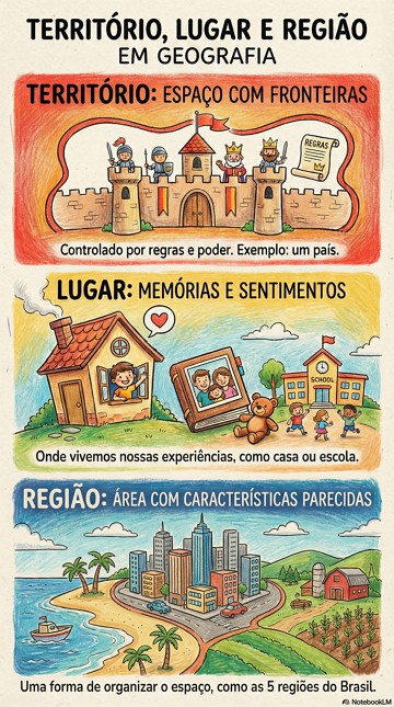 Conceitos de território, lugar e região em Geografia. Infográfico com resumo sobre os conceitos de território, lugar e região em Geografia.