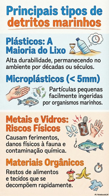 Infogr&aacute;fico mostrando os principais tipos (exemplos) de detritos marinhos