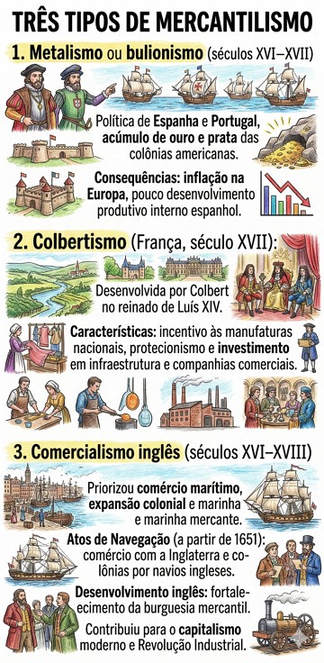 Os 3 tipos de mercantilismo e suas características Infográfico didático e resumido mostrando os 3 tipos de mercantilismo e suas características