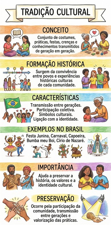 tradição Cultural Infográfico didático sobre tradição cultural: conceito, características e exemplos