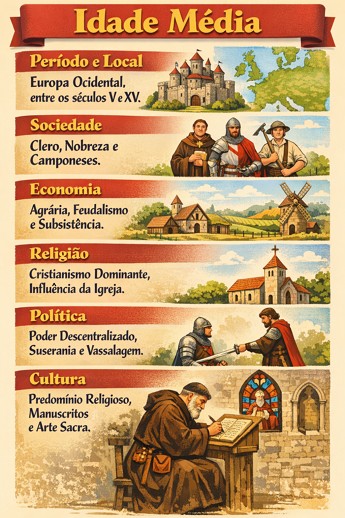 Infográfico com as características resumidas da Idade Média Infográfico com as características resumidas da Idade Média