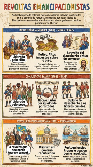Revoltas emancipacionistas Infográfico com resumo sobre as revoltas emancipacionistas