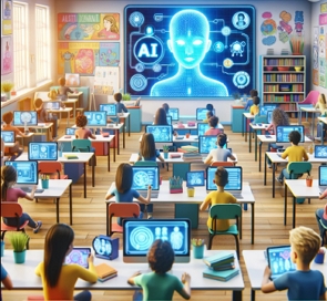 Ilustração representando o uso da Inteligência artificial na educação, numa sala de aula com alunos com computadores.