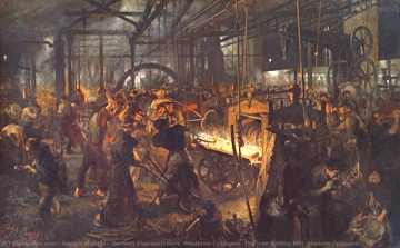 Pintura mostrando o interior de uma f&aacute;brica na &eacute;poca da Revolu&ccedil;&atilde;o Industrial