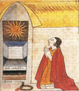 Pintura mostrando o imperador inca Pachacútec adorando Inti no templo.