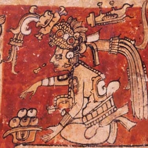 Pintura representando um deus maia sentado