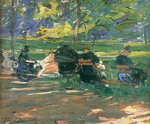 Pintura mostrando pessoas sentadas em bancos num jardim