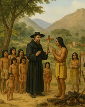 Imagem de um padre Jesuíta catequizando um indígena.