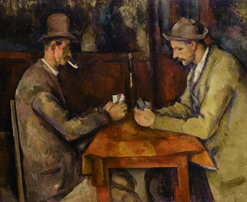 Os Jogadores de cartas Pintura mostrando dois homens jogando cartas numa mesa