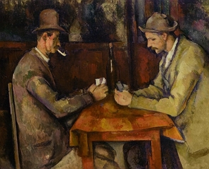 Pintura mostrando dois homens jogando cartas numa mesa