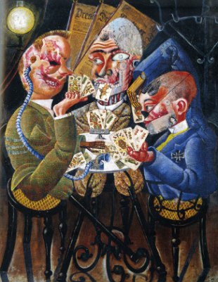 Pintura Jogadores de Cartas, pintura mostrando soldados da guerra com rostos desfigurados