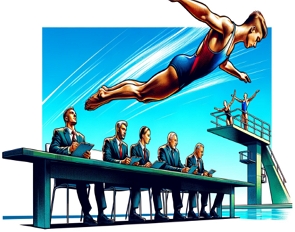 Ilustração mostrando um atleta de salto ornamental e juizes
