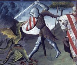 Pintura medieval mostrando Lancelot lutando contra dois dragões