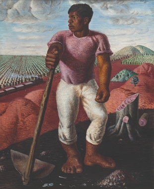 Pintura mostrando um lavrador de café numa fazenda com enchada na mão