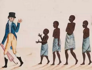 Ilustração mostrando escravizados e um senhor branco