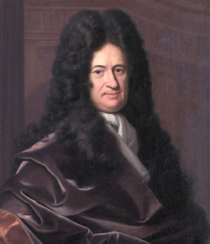 Retrato pintado de Leibniz, homem de meia idade, branco com cabelos escuros compridos