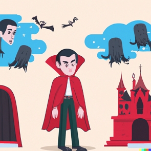 Desenho de um homem com uma capa vermelha e fantasmas e morcegos voando acima de um castelo vermelho