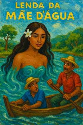 Lenda da Mãe D'água Ilustração mostrando uma mulher indígena saindo das águas de um rio e assustando dois pescadores