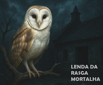 Lenda da Rasga Mortalha Coruja rasga mortalha num galho seco de árvore e, ao fundo, uma casa