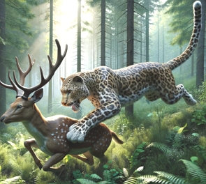 Ilustração mostrando um leopardo caçando um veado