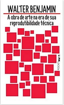 Capa de livro com o nome Walter Benjamin, fundo branco com vários quadrados em vermelho