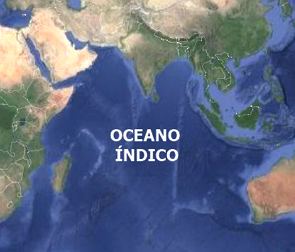 Mapa com a localização do Oceano Índico