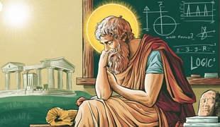 Ilustração de Filósofo grego pensando num ambiente da Grécia Antiga