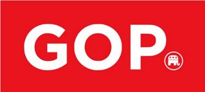 Logotipo do Partido Republicano dos EUA. Retângulo Vermelho com as letras GOP em branco no centro.