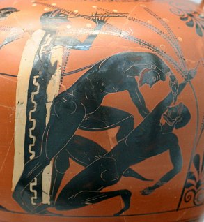 Pintura de vaso grego mostrando dois atletas numa luta
