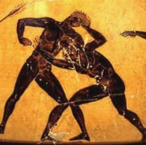 Pintura de vaso grego antigo mostrando a luta olímpica