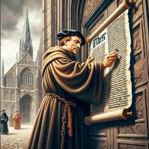 Ilustração de Lutero pregando as 95 teses na porta da Igreja