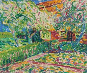 Pintura colorida mostrando uma árvore e uma casa