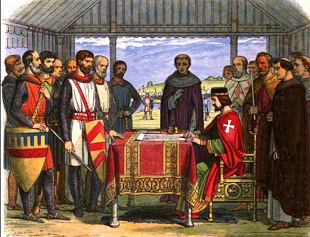 Ilustração mostrando o rei João assinando a magna carta numa recriação idealizada do século XIX